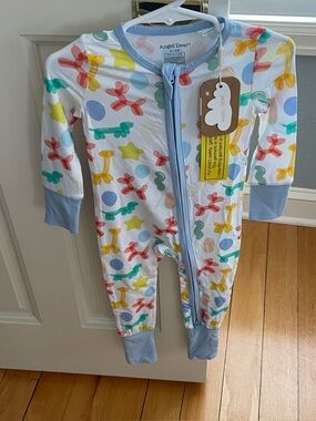 NWT Angel Dear Bamboo 2 Way Zipper Foldover Feet Romper in Blue Balloon Animals